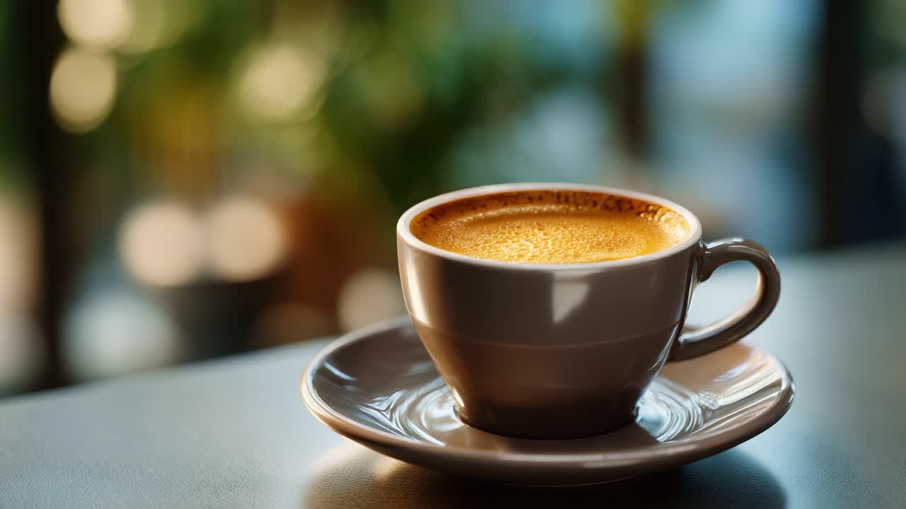 Una tazza di caffè appena fatto, preparata ad arte, è appoggiata elegantemente su un piattino, catturando una luce calda e aromi invitanti in un'atmosfera accogliente.