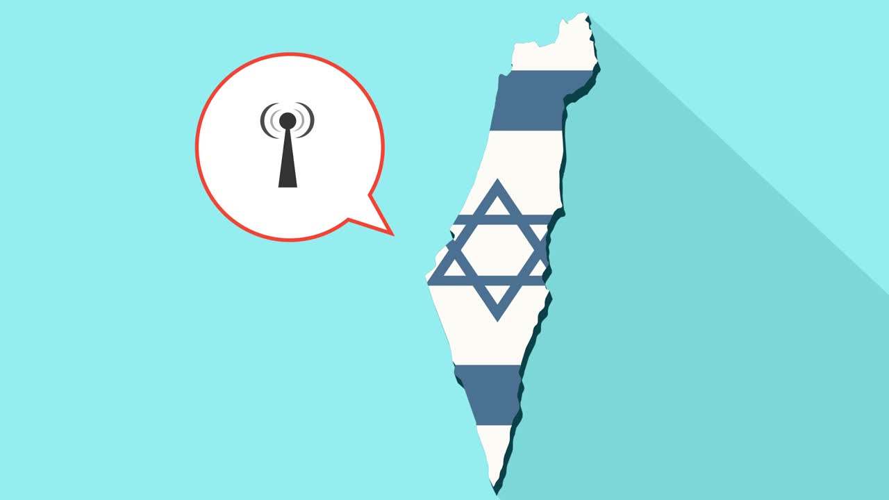 animación de una larga sombra mapa de israel con su bandera y un globo cómico con una antena