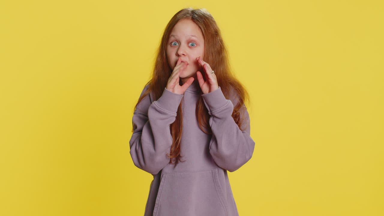 Child girl kid whisper news rumors holding hands near mouth share gossip quiet keep my secrets