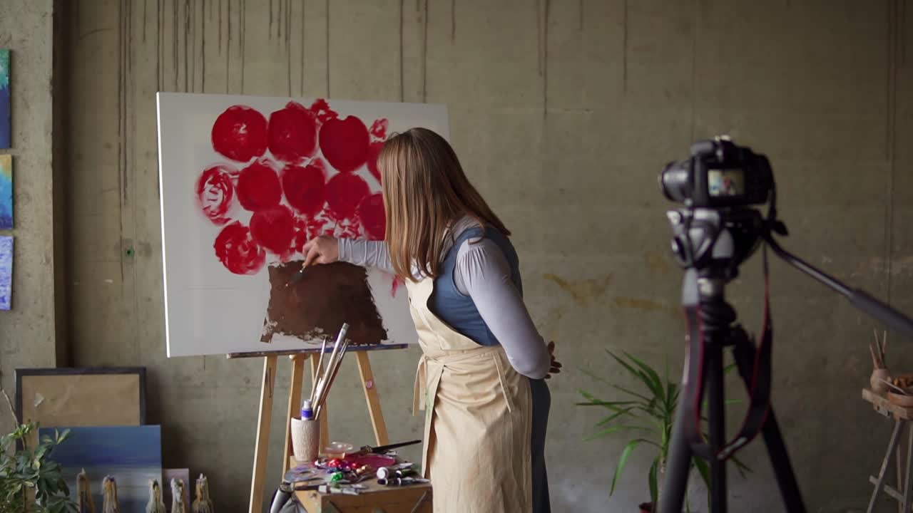 blogger caucásica madura grabando un video en un taller - dibujando una flor rosa en lienzo, explicando detalles en la cámara