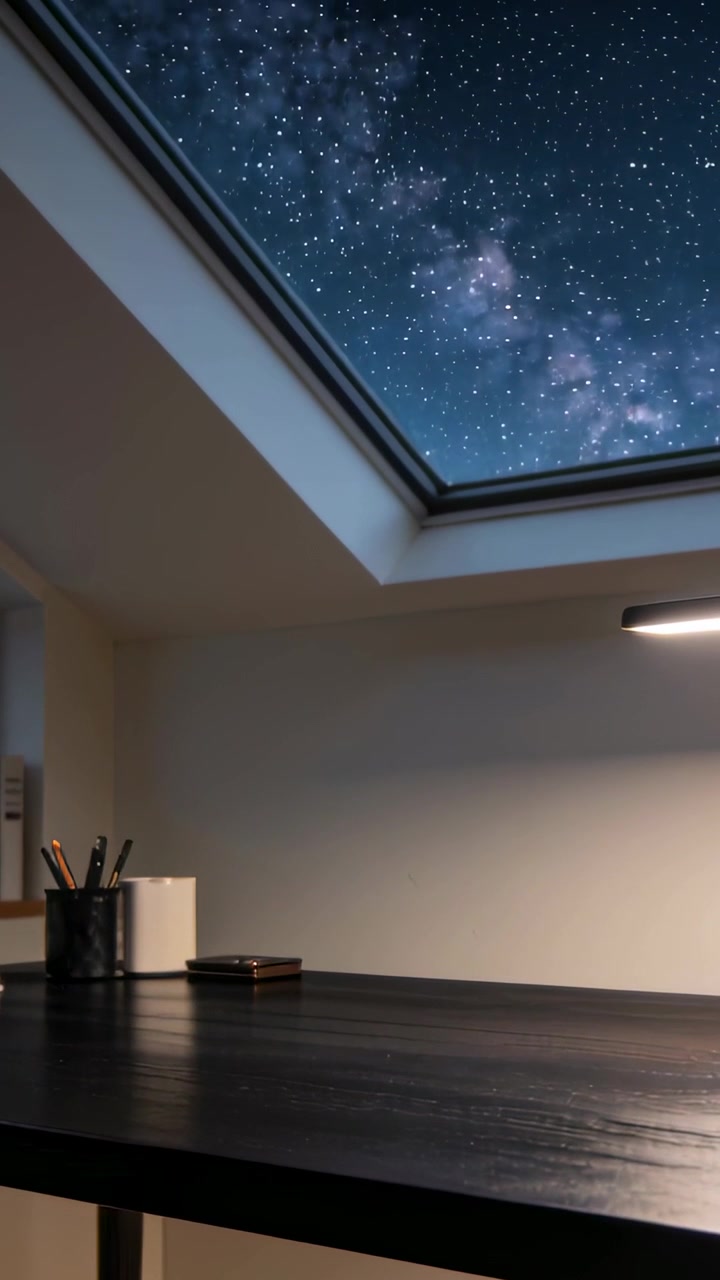 Video vertical: Cámara paneando sobre un escritorio tipo loft, revelando un lápiz y un teléfono, mostrando estrellas a través de una claraboya.