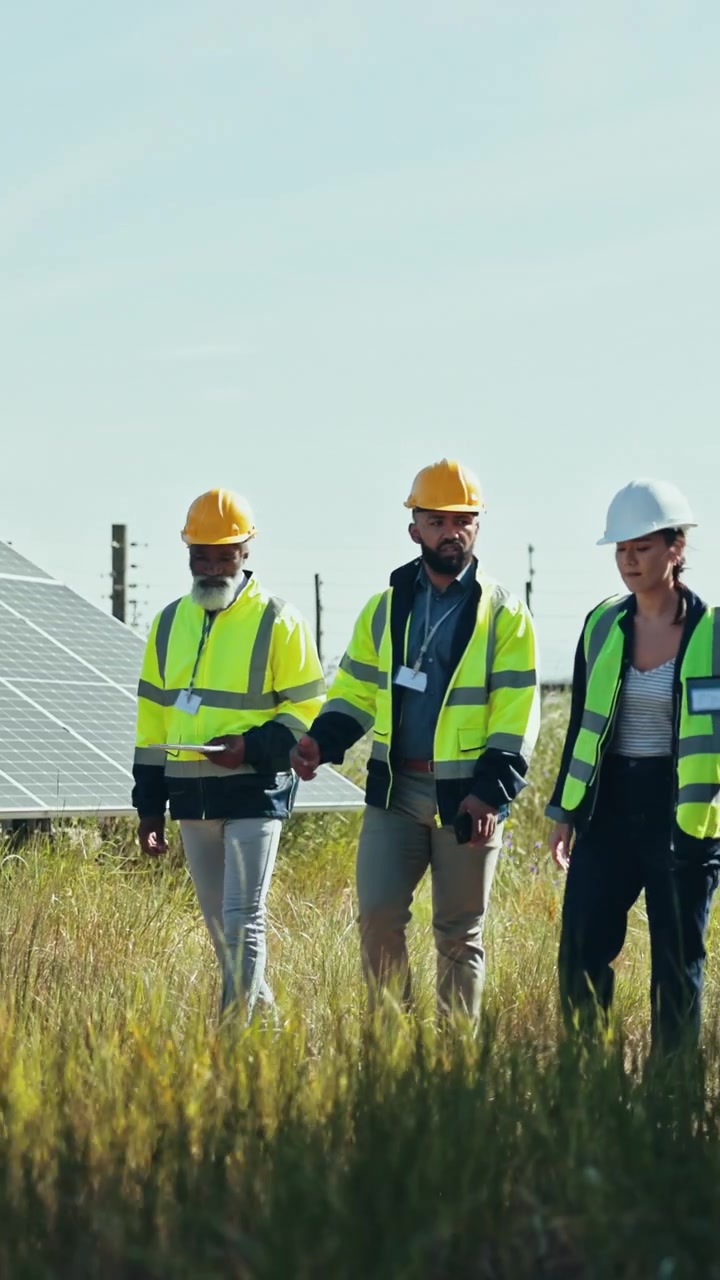 Diverse Team of Engineers Inspecting Solar Panel Farm