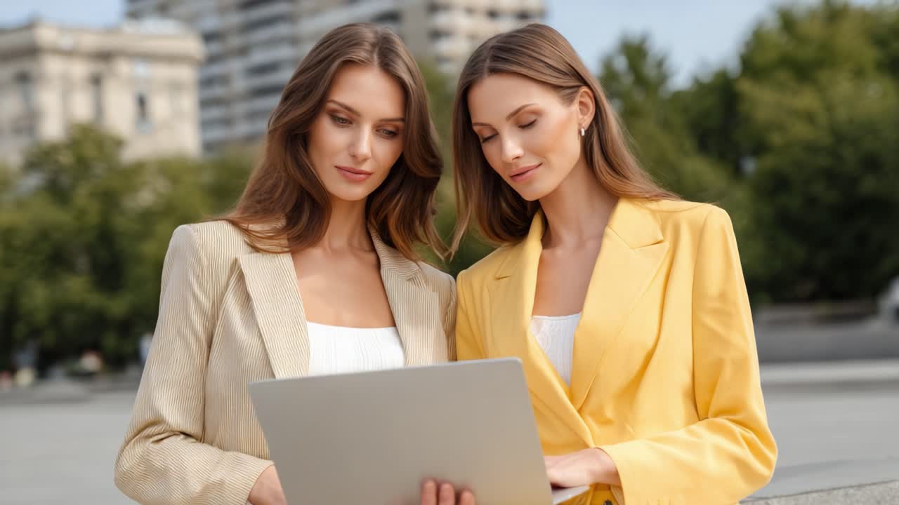 Dos mujeres jóvenes colaboran al aire libre, inmersas en un debate mientras revisan información en un portátil, lo que demuestra la importancia del trabajo en equipo y la comunicación en un entorno moderno.