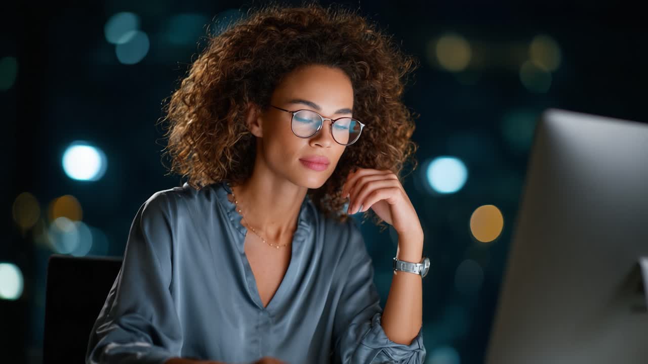 Un professionnel concentré analyse des données sur un écran d’ordinateur la nuit, éclairé par de douces lumières bokeh en arrière-plan pour une atmosphère d’espace de travail moderne