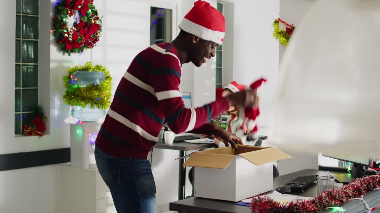 Christmas office decorations and festivities with people