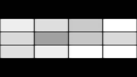 Twelve-rectangular-quickly-flashing-light-panels-at-different-speeds,-levels-and-timing-in-monochrome