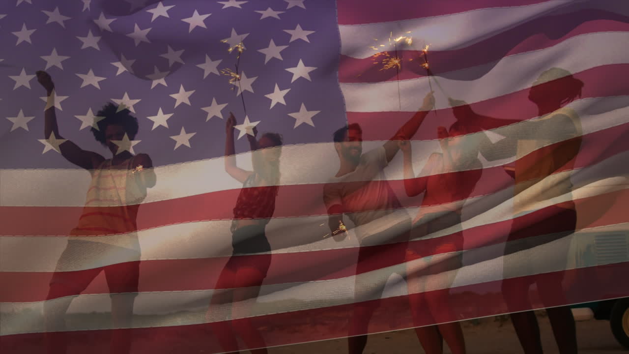 Animation of waving usa flag over group of friend on the beach