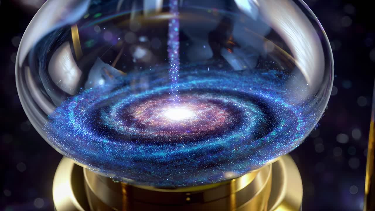Close-up video of a cosmic hourglass with swirling galaxies, shot from a low angle