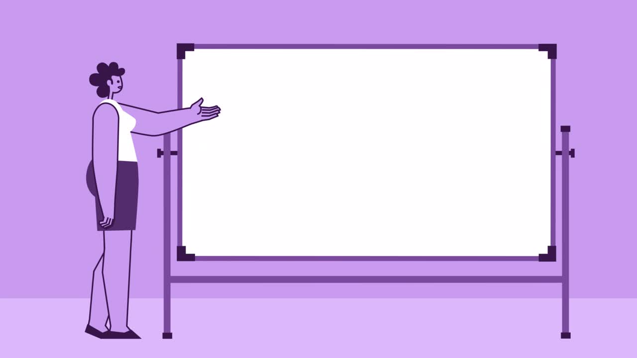 보라색 스타일 여성 평평한 캐릭터 스피커 화이트 보드 근처에서 알파 채널과 함께 고립 된 루프 애니메이션