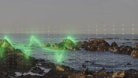 digital data being visualized over rocky shoreline with glowing green grid and pulsing waveform