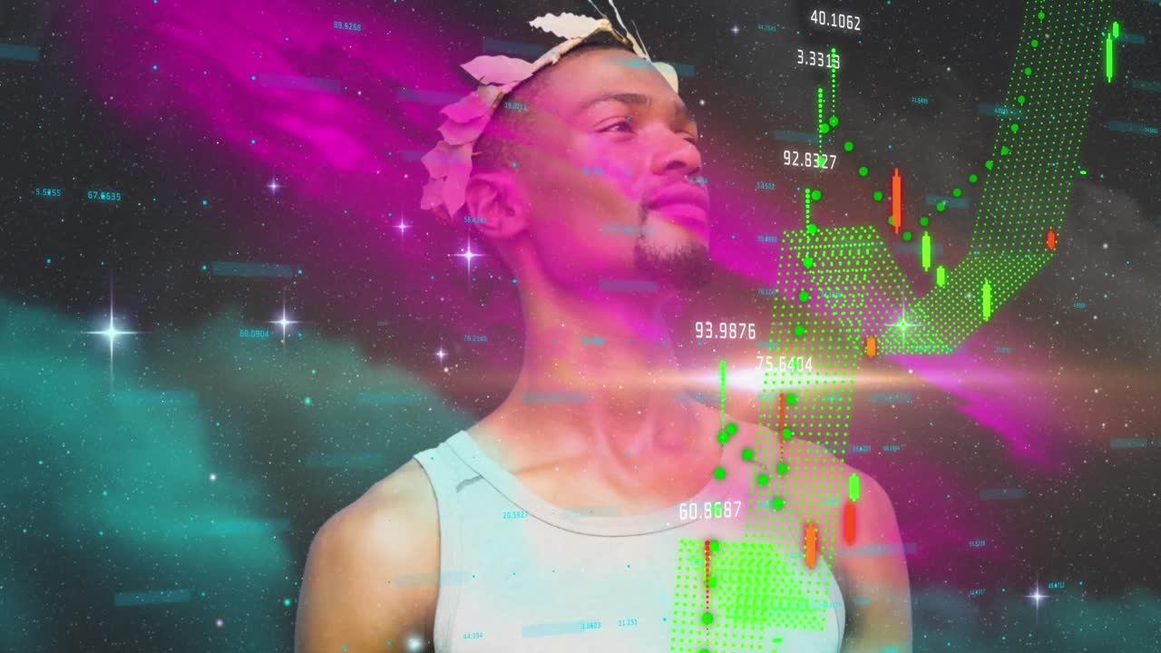 procesamiento de datos financieros contra el hombre que lleva una corona de laurel