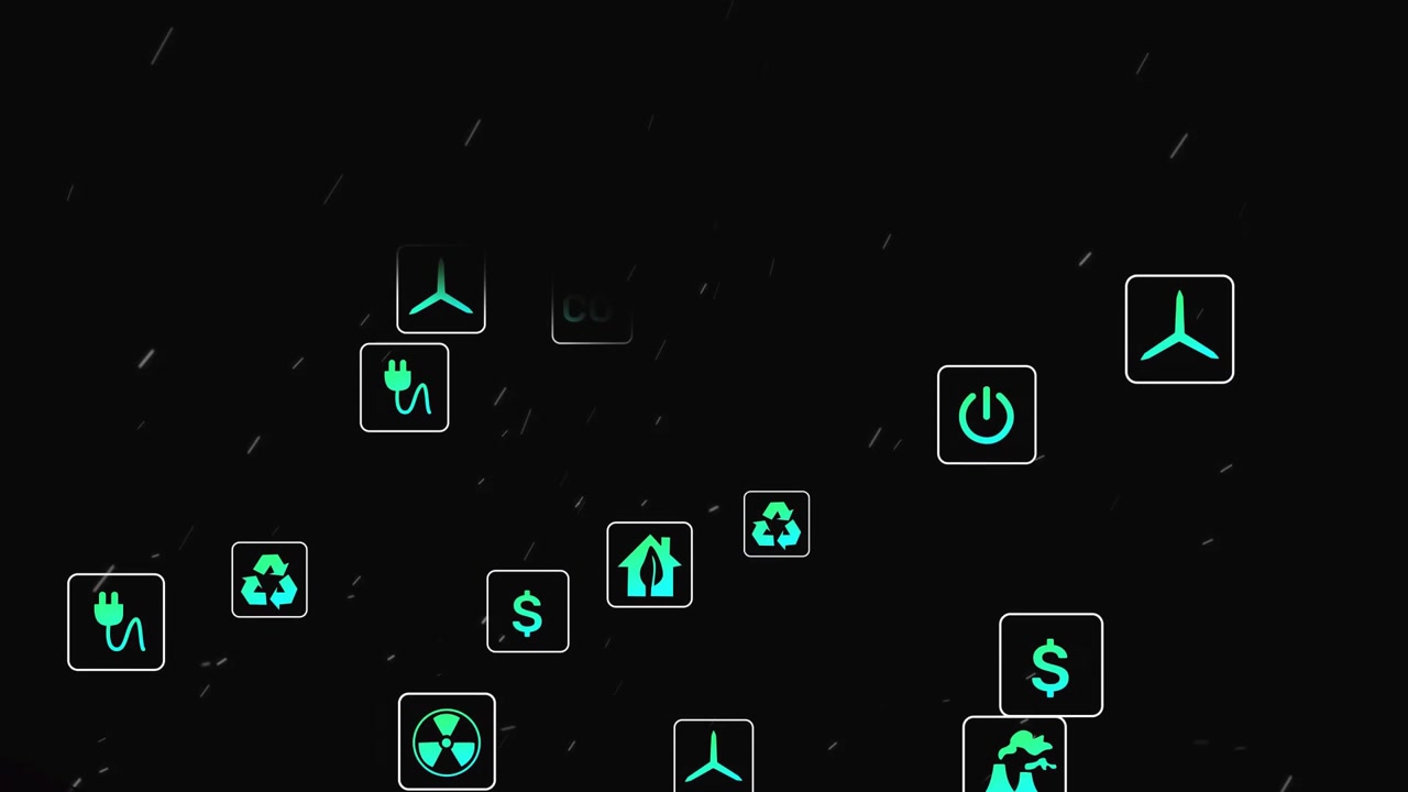 Camera moving forward, purple wireframe tunnel spiraling, teal icons emerging, visualizing energy