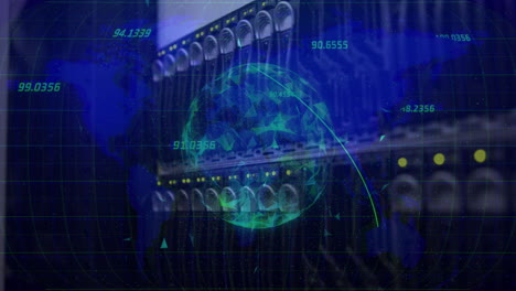 multiple numbers floating over globe of plexus networks against close up of a computer server