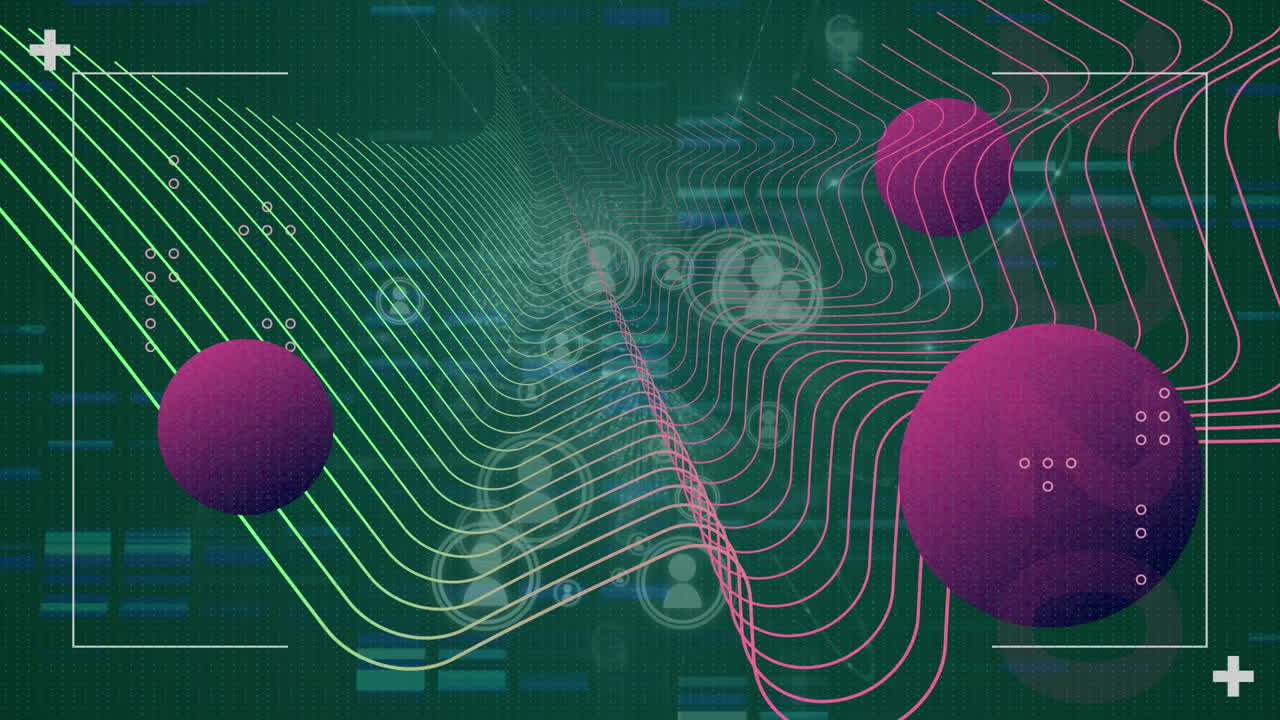 animación de círculos púrpura, red abstracta, iconos de perfil en la interfaz digital
