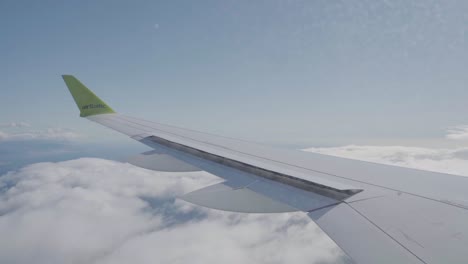 shot of an airplane wing flying above the clouds.