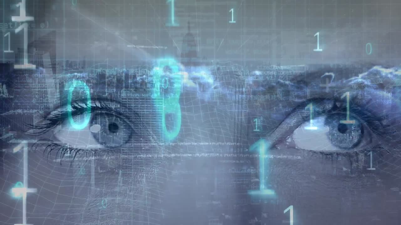 occhi che guardano da sinistra a destra e numeri in primo piano