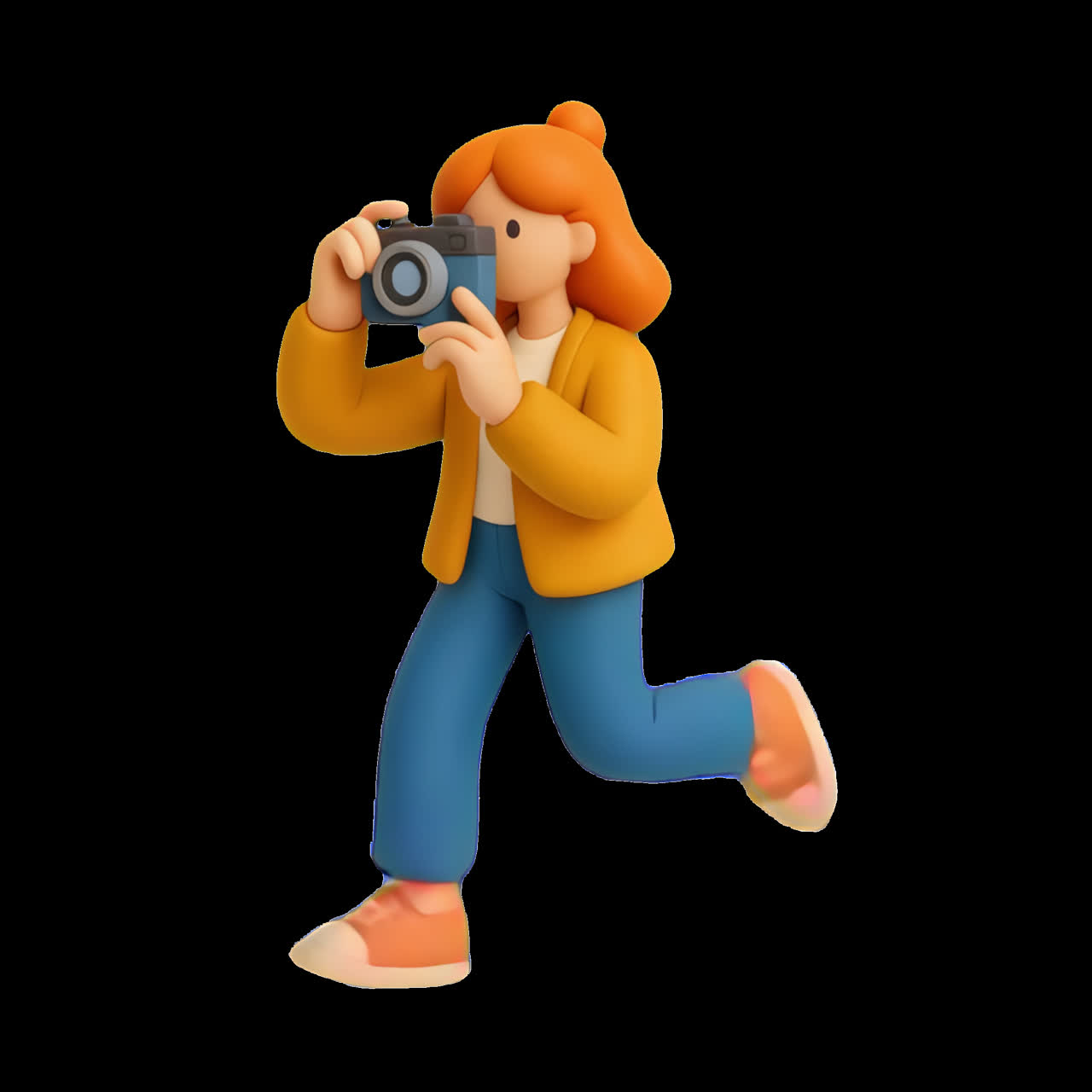 3D character holding camera animation isolated asset, transparent 4K video, alpha channel, ProRes