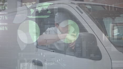 animación de estadísticas y procesamiento de datos financieros sobre el repartidor y la furgoneta