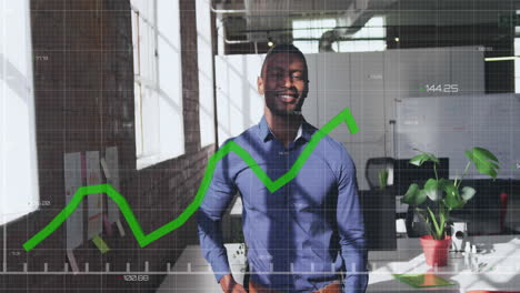 animation of graphs with changing numbers over african american man standing in office