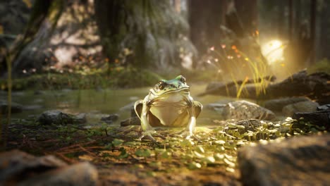 animation of a frog pulls out his tongue catching bee, eating it, burp and croaking in the forest by a river