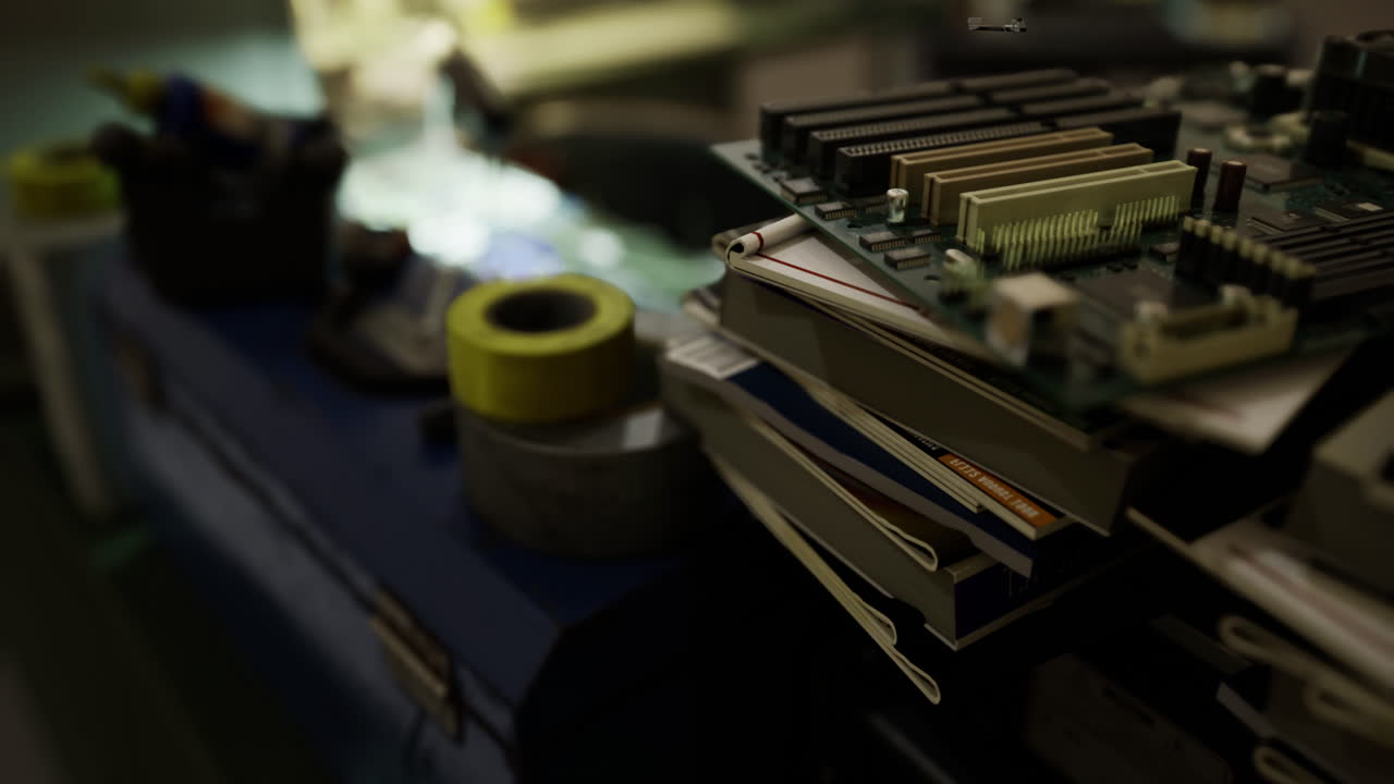 Close up view of circuit board and tools in electronics workshop setting