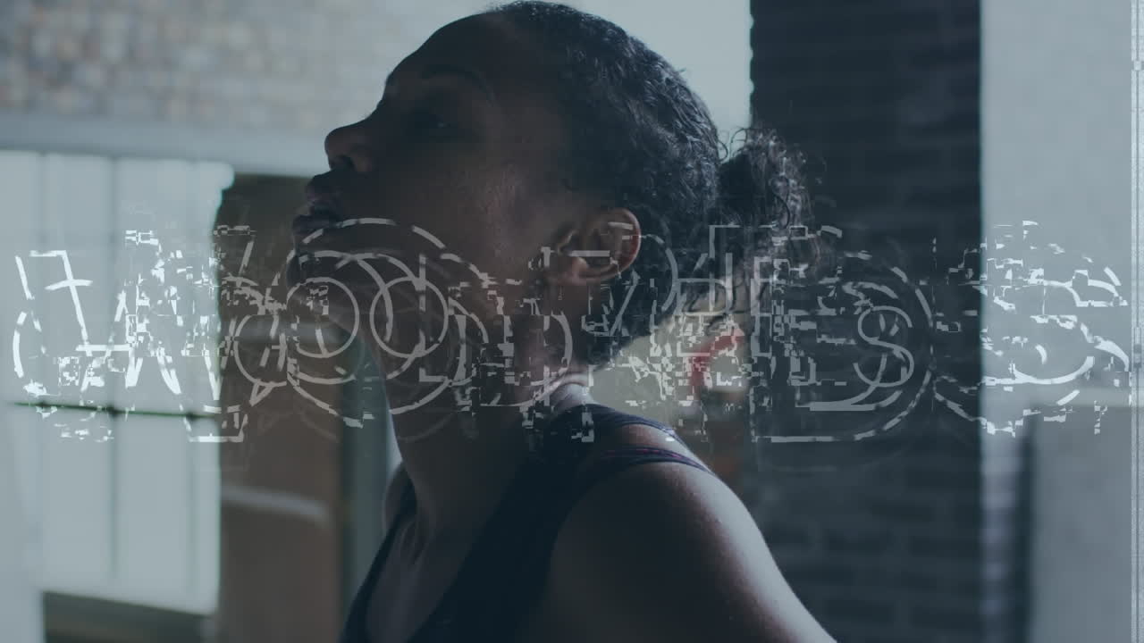 Animation of good vibes text over african american sportswoman at gym
