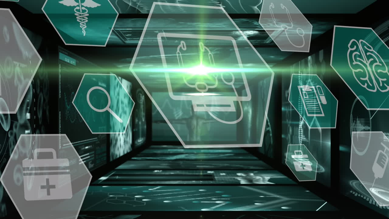 검은색 바탕에 데이터 처리 및 의료 아이콘을 가진 디지털 인터페이스의 애니메이션