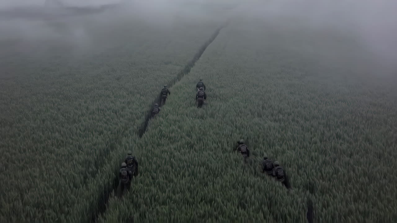 Soldiers Training in a Foggy Wheat Field