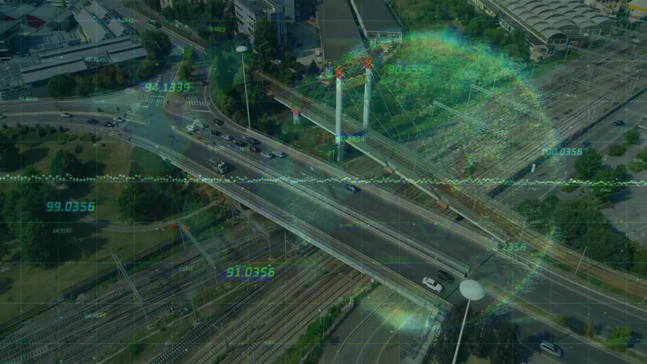 Vista Aérea de Tráfego Urbano com Sobreposição de Dados Digitais