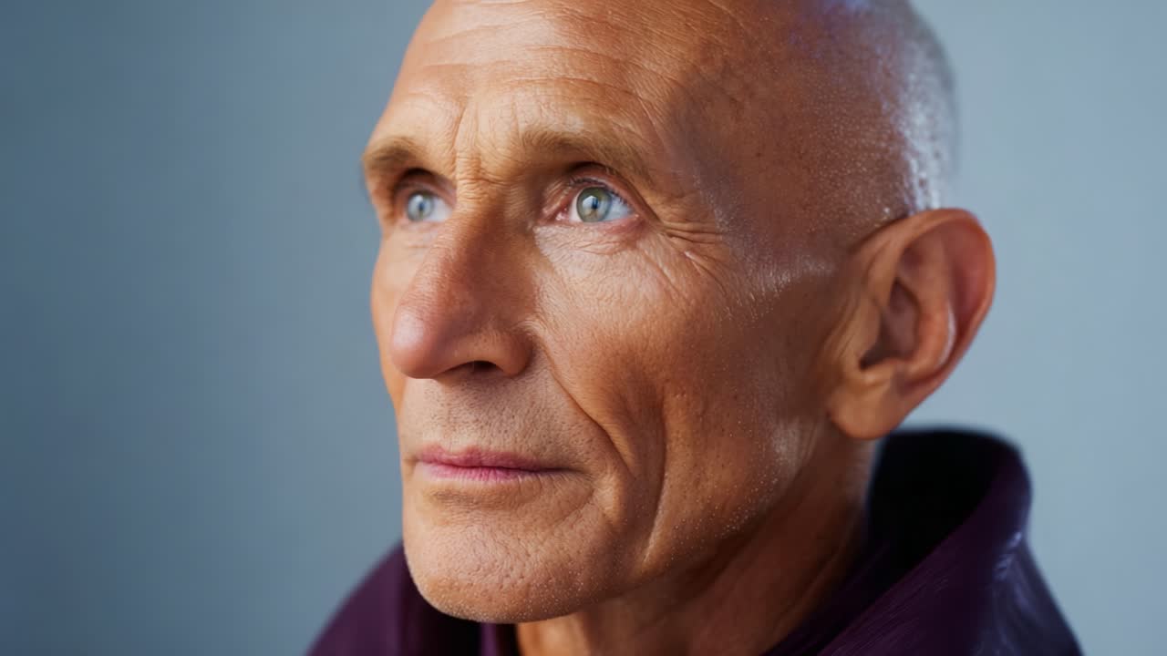 A Close-Up Portrait Capturing the Depth and Wisdom in the Eyes of an Elderly Man with a Calm Expression and Minimalist Background, Highlighting Age and Experience