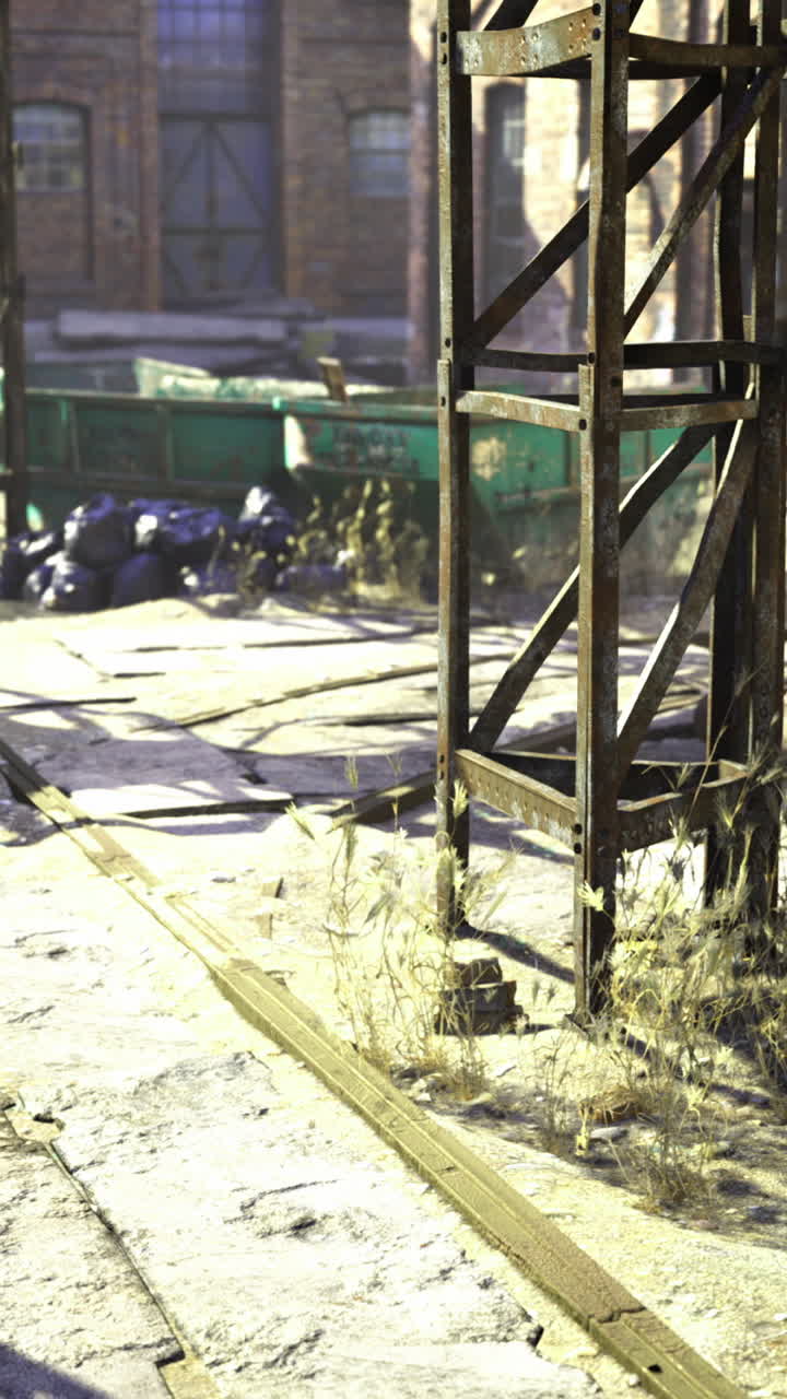 Abandoned industrial site with overgrown vegetation and scattered debris