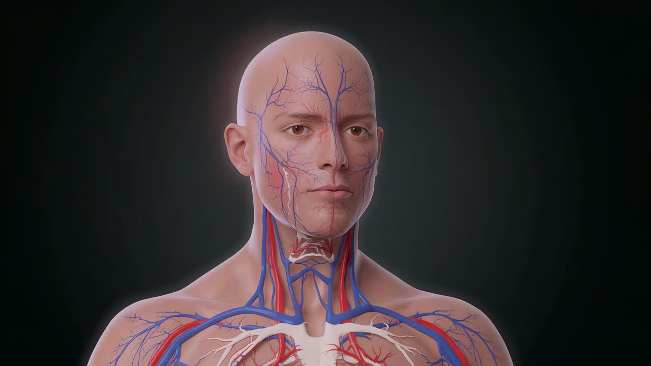 Modelo 3D animado sem pele girando para a direita em estúdio, exibindo artérias vermelhas e veias azuis para fins didáticos.