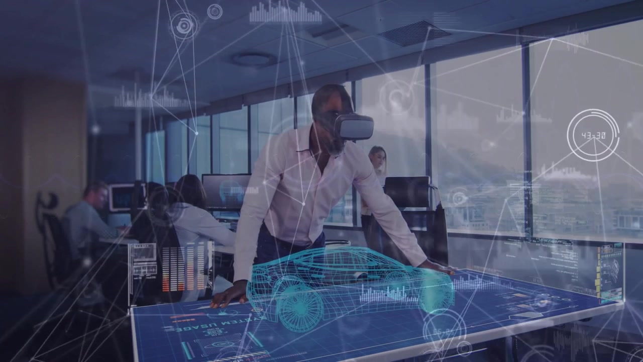 Man in VR Headset Interacting with Holographic Car Design in Modern Office