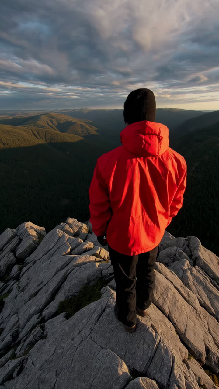 Adventurer on Mountain Peak at Sunset
