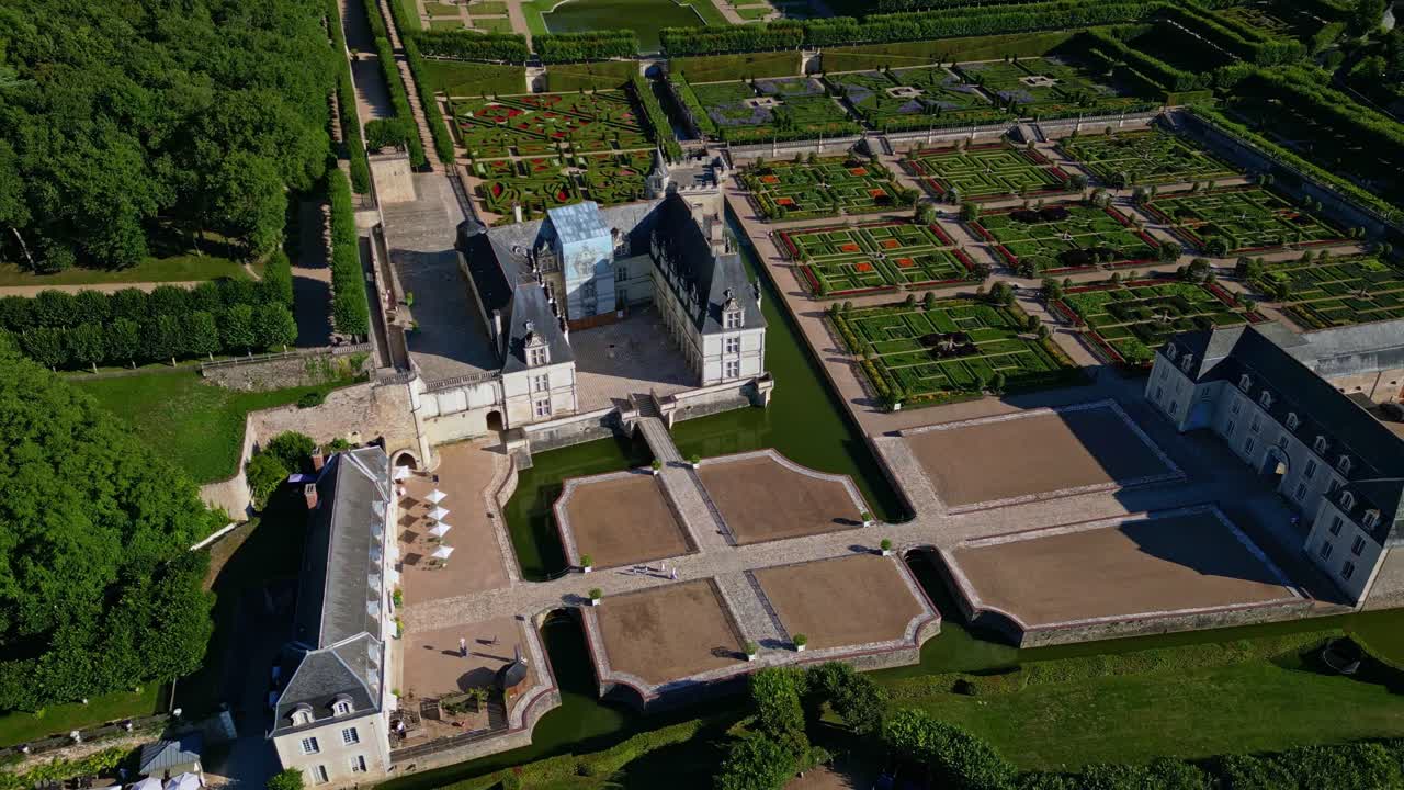 Merkez-Val de Loire, Fransa’da, açık bir günde bulunan, ikonik bahçeleriyle Chateau de Villandry’nin havadan görünümü