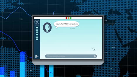 animation of ai chat bot and digital data processing over computer screen and world map