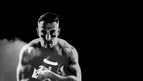 animación de humo sobre un jugador de fútbol americano caucásico con pelota en fondo negro