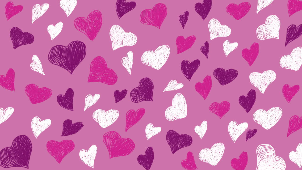Animated looping background of hand drawn hearts on pink background. Purple and white romantic shapes.