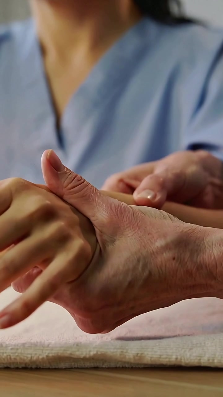 Video verticale: Fisioterapista che tiene il braccio su un asciugamano, muovendo la mano e premendo il pollice per la riabilitazione, anello, camice medico