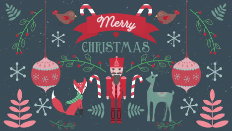 animación de felices palabras de navidad con animales en el fondo de las decoraciones navideñas