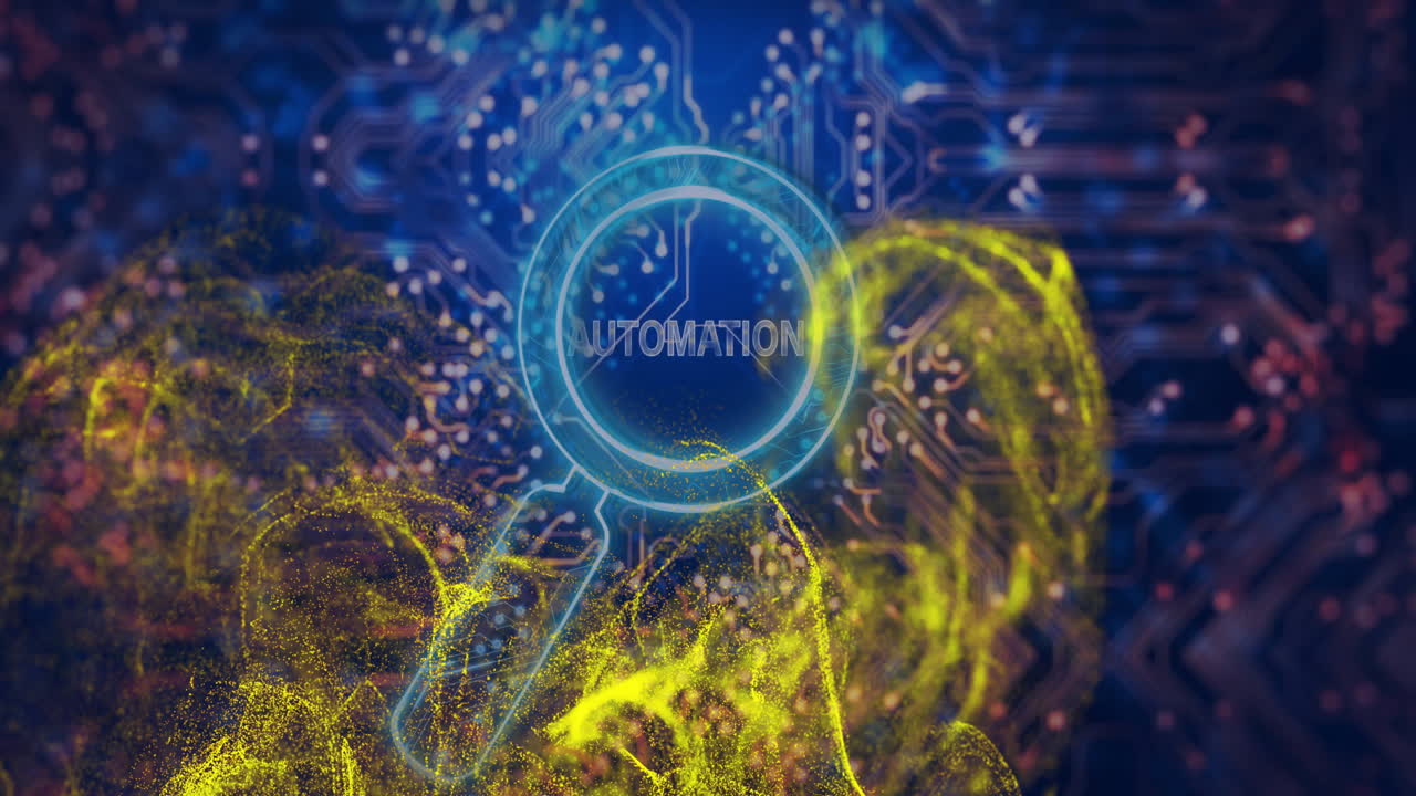 회로판과 추상적인 모양 위에 자동화 텍스트를 보여주는 창