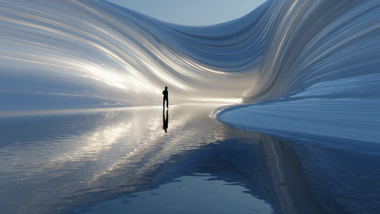 A Solitary Figure Stands in a Dreamlike Landscape of Flowing Light and Reflections, Where Reality Blurs into Surrealism Amidst Cascading Waves of Color and Texture in a Stunning Visual Experience