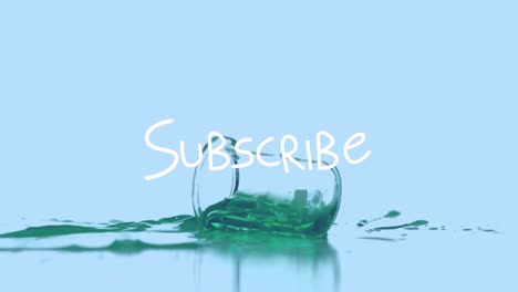 animation of subscribe over lab falling glass with reagent on blue background