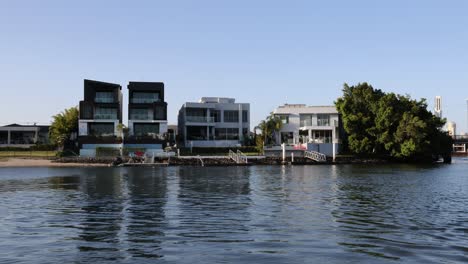 slow panoramic view of waterfront residential area