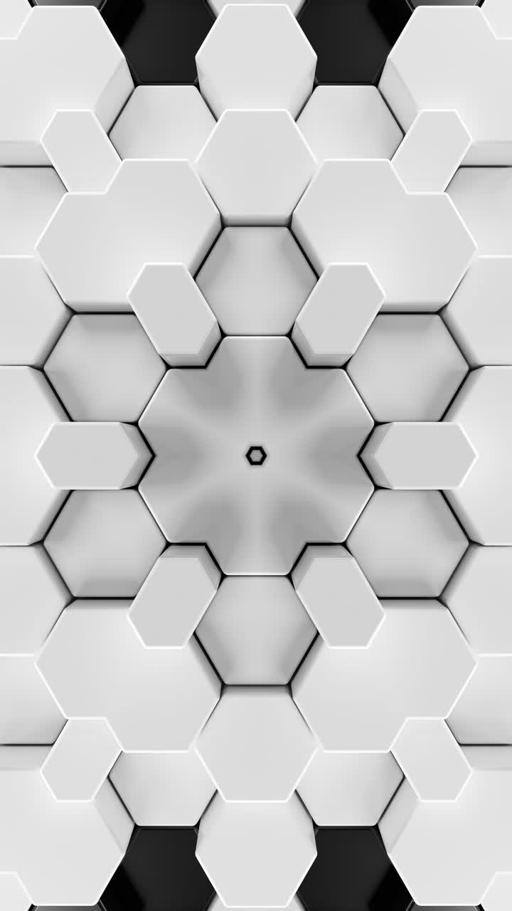 Monochrome Hexagon Kaleidoscope Wall. Looped Animation Vertical