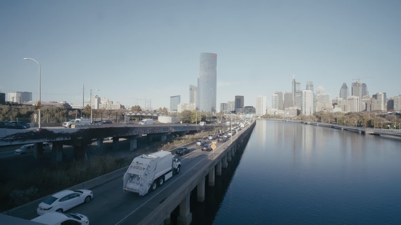 Schuylkill Expressway seen from South Street Bridge, rush hour, wide angle