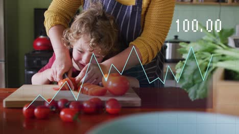 Animation-of-financial-data-processing-over-caucasian-woman-and-her-son-cooking-in-kitchen