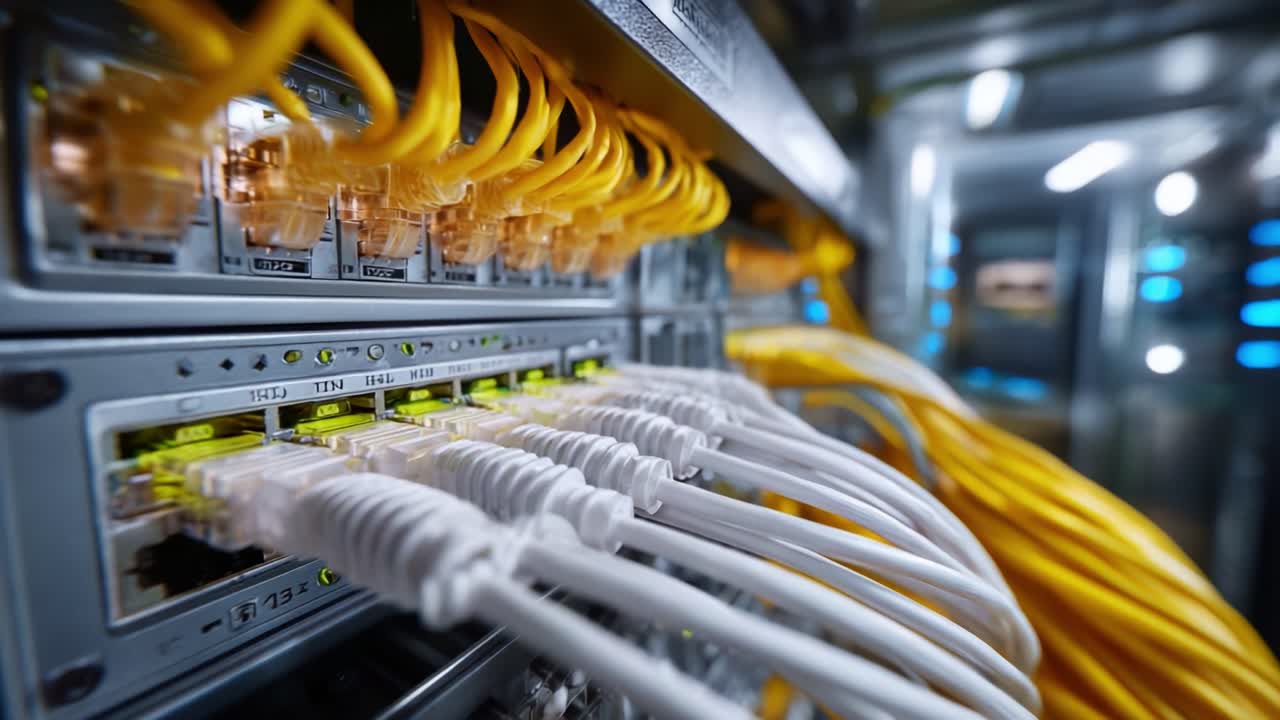 Close-up of Network Equipment Featuring Yellow and White Ethernet Cables Connected to Ports in a Data Center, Highlighting Modern Technology Infrastructure