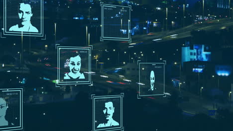 animation of people icons and data processing over cityscape