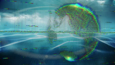 animation of data processing over globe on cloud background